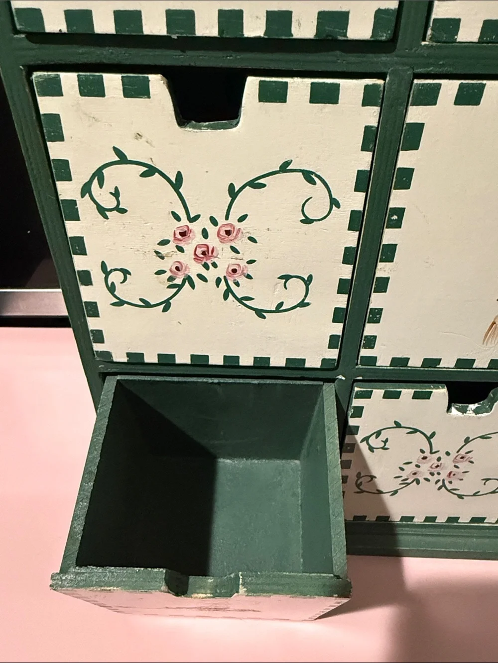 Hand-Painted Green and Cream Floral Six-Drawer Organizer - 15”x9” - drawers 4”x